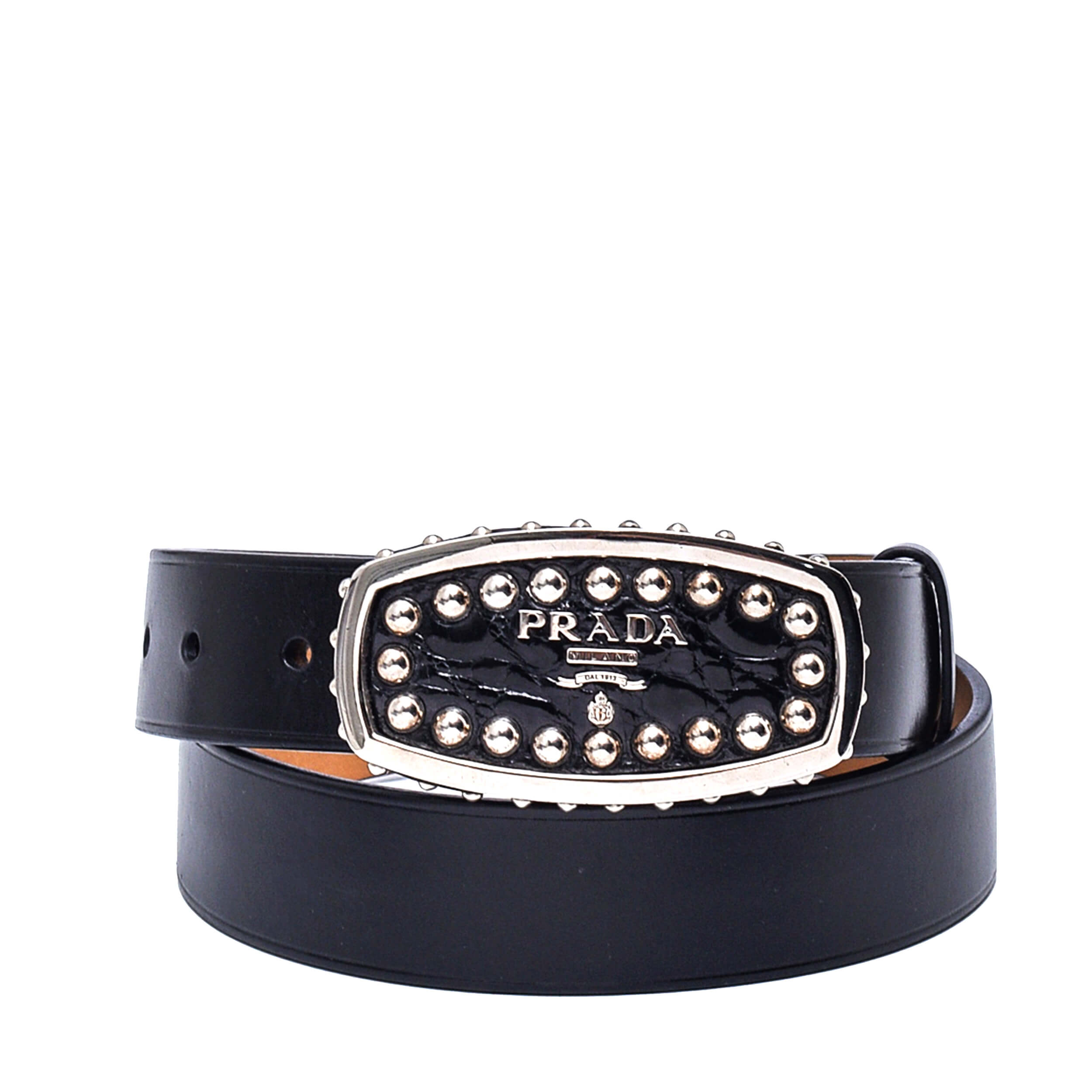 Prada - Black Leather Stud Logo Buckle Belt / 85cm